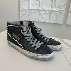 Brand New Golden Goose Black Leather Studded High Top Slide size 40, 9